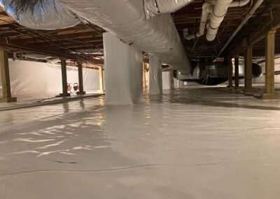 Here we have a crawl space completely covered in our liner. The reasoning behind this is to reduce moisture buildup and dampness which if not properly taken care of could lead to mold and mildew problems!